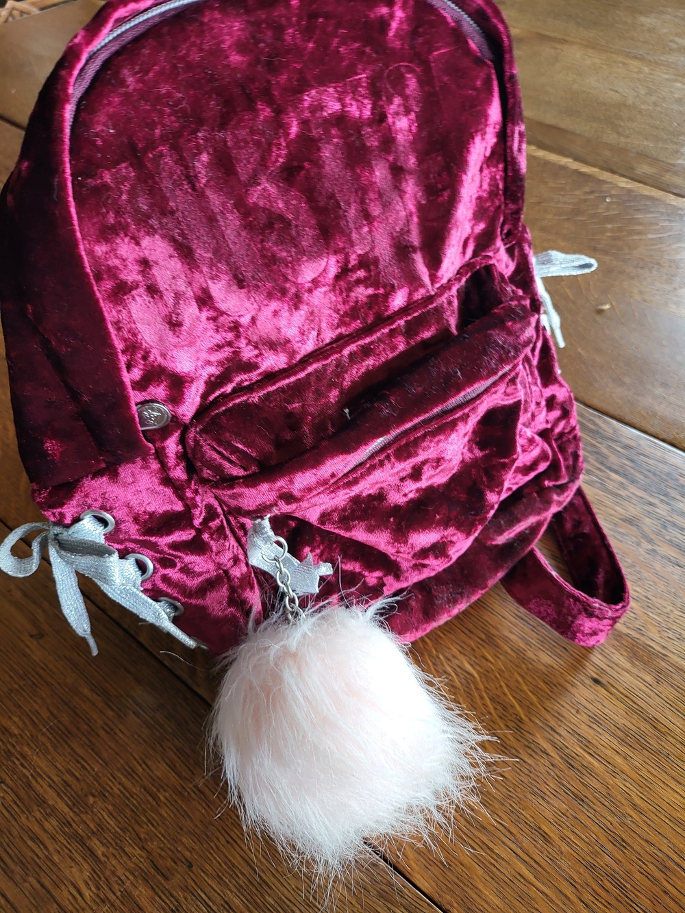 Justice Burgundy Velvet Mini Backpack w/ Faux Fur Pom Pom